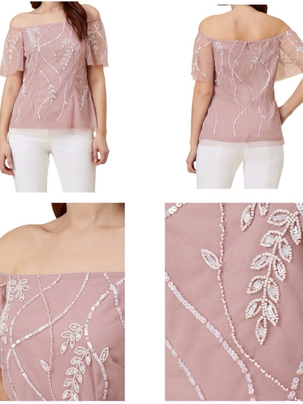 Adrianna Papell Beaded Flutter Sleeve Top Bloomingdales Sz 12 (d1)